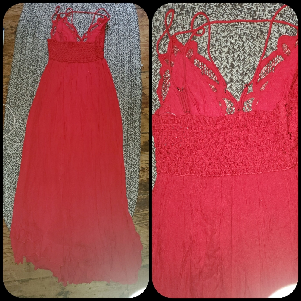 Free People FP ONE Adella Crochet lace gauzy maxi midi dress summer strappy red - Picture 12 of 16